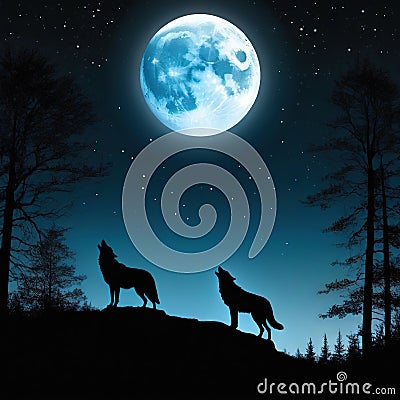 Several wolves howling at the Cartoon Illustration