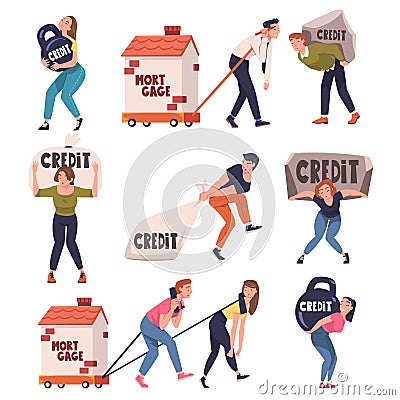 Severity of Mortgage with People Carrying and Pulling Heavy Burden of Credit Vector Set Stock Photo