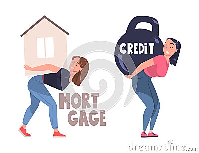 Severity of Mortgage with Woman Carrying Huge House and Kettlebell as Heavy Burden of Credit Vector Set Vector Illustration