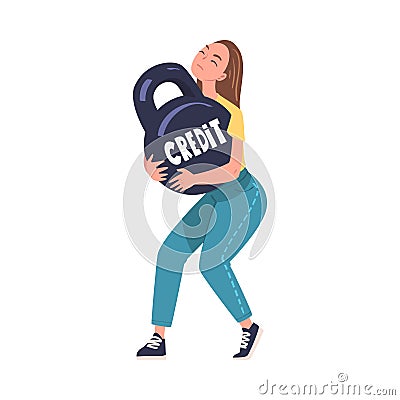 Severity of Mortgage with Woman Holding Huge Kettlebell as Heavy Burden of Credit Vector Illustration Vector Illustration