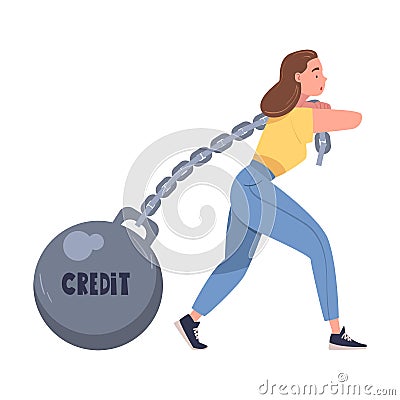 Severity of Mortgage with Woman Pulling Iron Ball on Chain as Heavy Burden of Credit Vector Illustration Vector Illustration