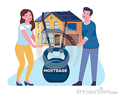 Severity of mortgage for young family. Tired guy and girl holding up their home. Weight hanging on building. Real estate Vector Illustration