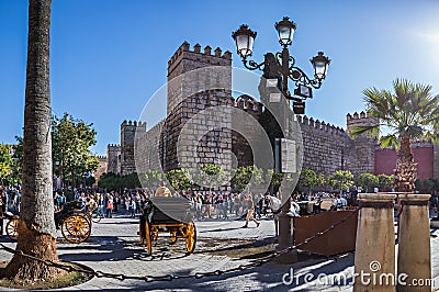 Plaza del Triunfo and Real Alcazar of Seville Editorial Stock Photo