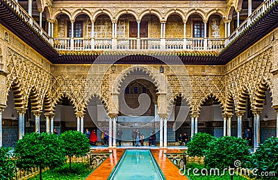 SEVILLA, SPAIN, JANUARY 7, 2016: view of the courtyard of the maidens situated inside of the royal alcazar palace in the Editorial Stock Photo