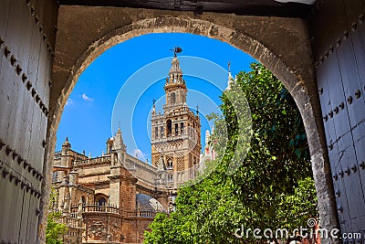 Seville cathedral Giralda tower from Alcazar Stock Photo