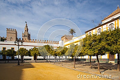 Seville cathedral Giralda tower from Alcazar of Sevilla Andalusia Spain. Stock Photo