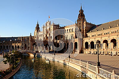 Seville, Plaza de EspaÃ±a, royal palace and canal Editorial Stock Photo