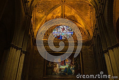 Seville, Spain â€“ 2019. Christ Disciples Ascension Stained Glass in Seville Cathedral, Cathedral of Saint Mary of the See, Editorial Stock Photo