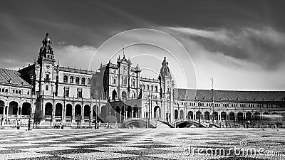 Seville, Spain - 10 February 2020 : Black and White Photography of Plaza de Espana Spain Square Architecture Side View in Seville Editorial Stock Photo