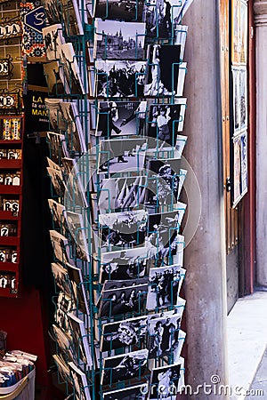 Seville, Spain, January 11, 2019. Black-white retro postcards with flamenco are sold near the gift shop Editorial Stock Photo