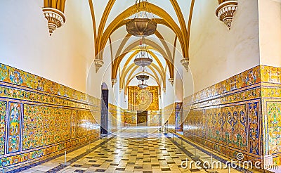 The tiled hall in Don Pedro Palace in Alcazar complex, Seville, Spain Editorial Stock Photo
