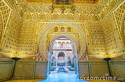 The way to the Patio de las Doncellas in Royal Alcazar Palace in Seville, Spain Editorial Stock Photo