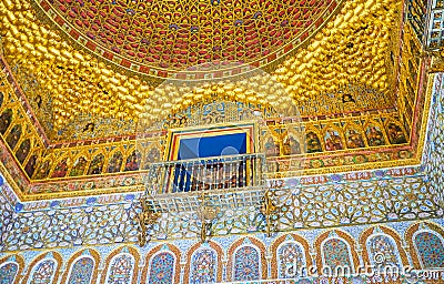 The balcony in Ambassadors Hall of King Pedro Palace in Alcazar complex in Seville, Spain Editorial Stock Photo