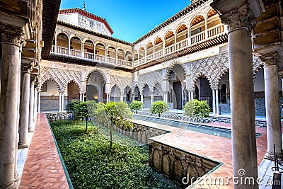 SEVILLE, SPAIN: Real Alcazar in Seville. Patio de las Doncellas in Royal palace, Real Alcazar built in 1360 Editorial Stock Photo