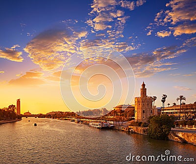 Seville sunset skyline torre del Oro in Sevilla Stock Photo