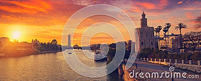 Seville sunset skyline torre del Oro in Sevilla Stock Photo