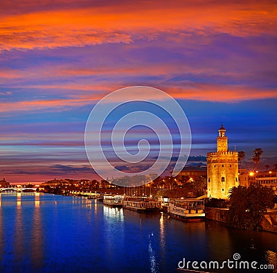Seville sunset skyline torre del Oro in Sevilla Stock Photo