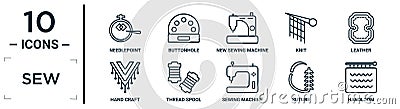 sew linear icon set. includes thin line needlepoint, new sewing machine, leather, thread spool, suture, handloom, hand craft icons Vector Illustration