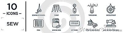 sew linear icon set. includes thin line sewing scissors, overstitch, needlepoint, sewing box, sewing equipment, old machine, pins Vector Illustration