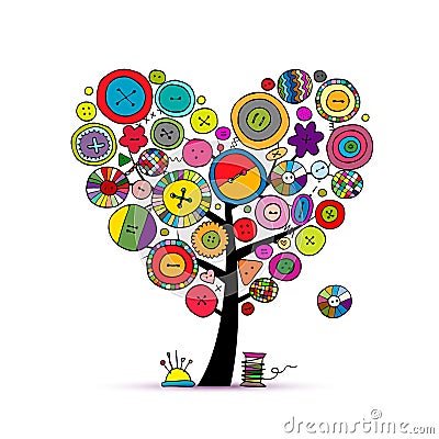 Sew with love, tree with buttons. Sketch for your design Vector Illustration