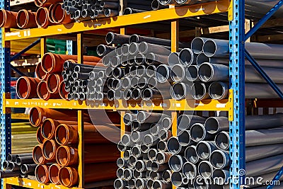 Sewage pipes of different diameters on the distribution center warehouse or DIY stores Stock Photo