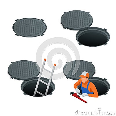 Sewer hatch Open and closed. Manhole cover, road hatch Vector illustration construction under a road. Vector Vector Illustration