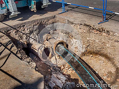 sewer pipe pipe replacement Stock Photo