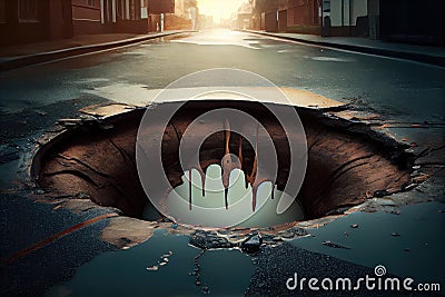 sewer water flowing out of broken sewer pipe on the street Stock Photo