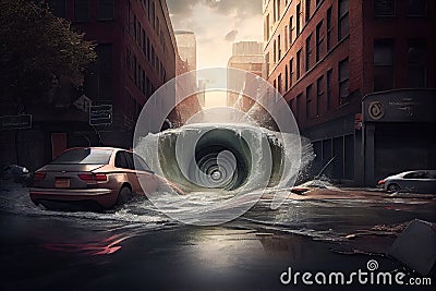 sewer water gushing onto the street, damaging cars and infrastructure Stock Photo