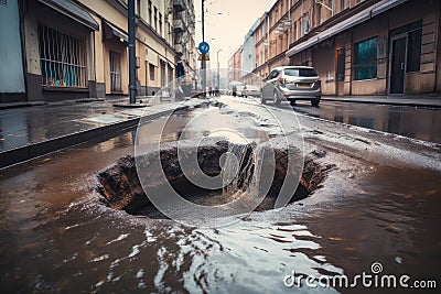 sewer water gushing out of broken pipe, forming large puddle on the street Stock Photo