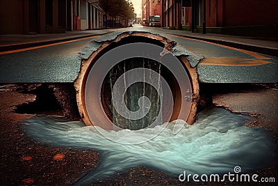 sewer water overflowing from broken pipe, flooding street and sidewalk Stock Photo