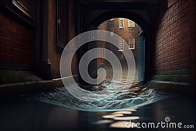 sewer water overflowing and flooding the street after a downpour Stock Photo