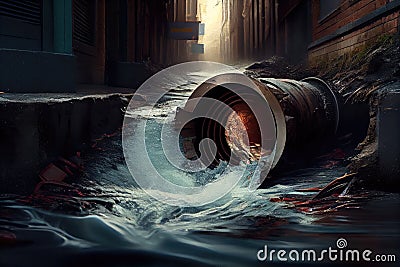 sewer water rushing through the broken pipes, flooding the street Stock Photo