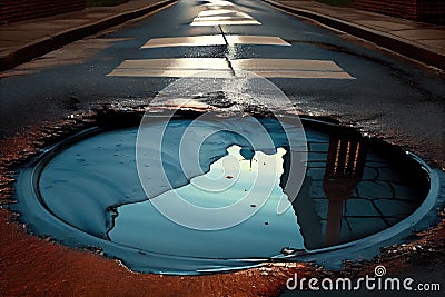 sewer water spilling onto the pavement, forming large puddle Stock Photo