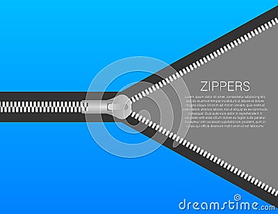 Sewing accessory zipper. Metallic open zippers and pullers. Stock vector illustration Vector Illustration