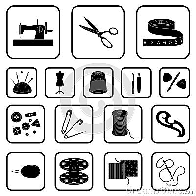 Sewing, atelier black icons in set collection for design. Tool kit vector symbol stock web illustration. Vector Illustration