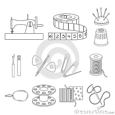 Sewing, atelier outline icons in set collection for design. Tool kit vector symbol stock web illustration. Vector Illustration