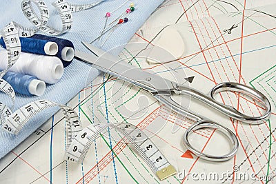 Sewing background with scissors Stock Photo