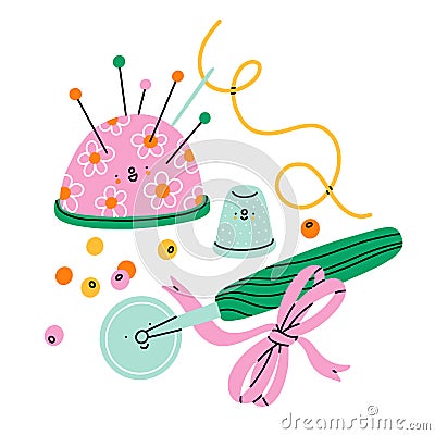 Sewing cartoon accessories and supplies characters, vector illustration Vector Illustration