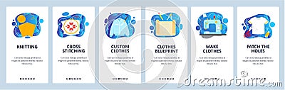 Sewing clothes, knitting, cross stitching. Tailor workshop, atelier. Mobile app screens, vector website banner template. Vector Illustration