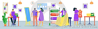 Sewing clothes in tailor shop concept, vector illustration. Man woman dressmaker character work in fashion design Vector Illustration