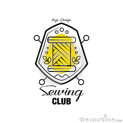 Sewing club logo design, emblem with heraldic shield can be used for sewing shop, knit club, atelier, sewing workshop Vector Illustration