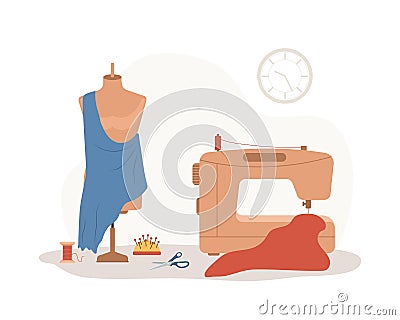 Sewing concept. Sewing machine and mannequin. Seamstress accessories for handmade clothing store or atelier. Vector Vector Illustration