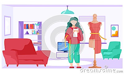 Sewing with designer or seamstress working with dress pattern. Girl makes a dress at home Stock Photo