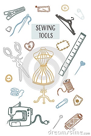 Sewing doodle icons set. Vector outline illustration. Tailoring background for logo, web and print designs. Vector Illustration