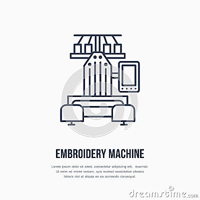 Sewing embroidery machine flat line icon, logo. Vector illustration of tailor supplies for hand made shop or dressmaking Vector Illustration