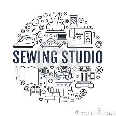 Sewing equipment, hand made studio supplies banner illustration. Vector line icon needlework accessories - sewing Vector Illustration