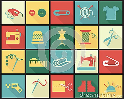 Sewing equipment icons set with thimble, needle Vector Illustration