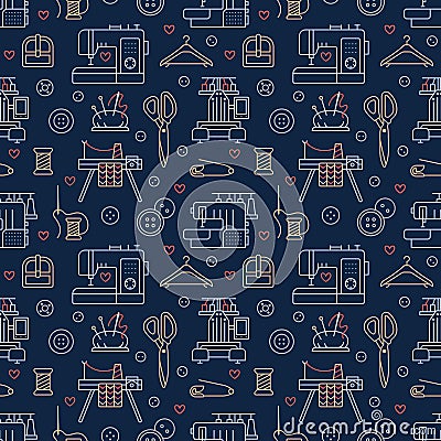 Sewing equipment, tailor supplies blue colored seamless pattern with flat line icons set. Needlework accessories - Vector Illustration