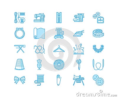 Sewing equipment, tailor supplies flat line icons set. Needlework accessories - sewing embroidery machine, pin, needle Vector Illustration